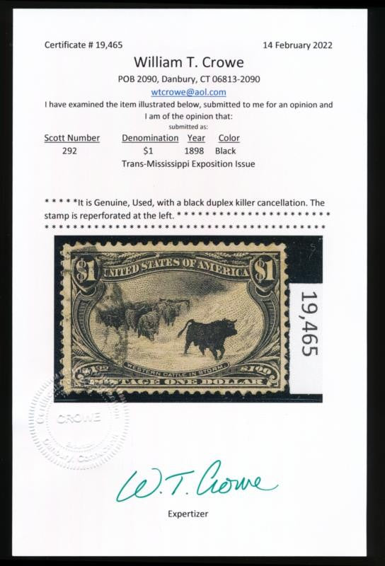 (US) 292 USED VF $1 TRANS-MISS CERTIF. REPERF