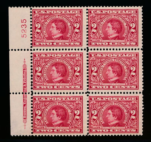 (US) 370 FINE HINGED 2c ALASKA YUKON PLATE BLK OF 6.