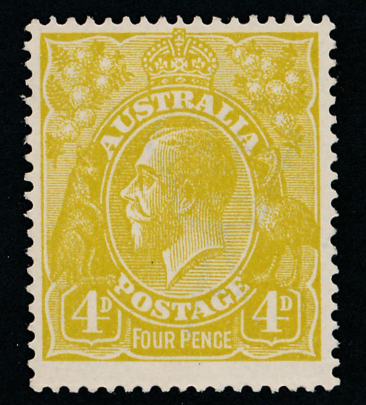 AUSTRALIA 34 MINT HINGED F-VF, 4p OLIVE BISTRE KGV, 2nd WMK