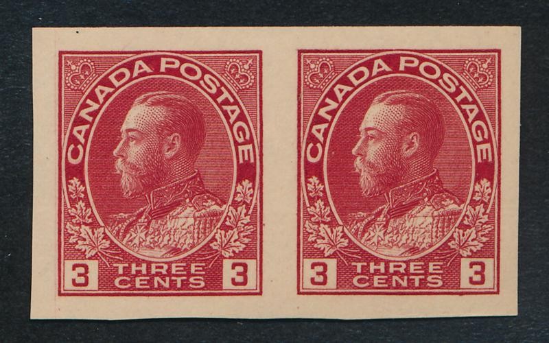 CANADA 138 MINT HINGED VF 3c CARMINE IMPERF PAIR KGV ADMIRAL