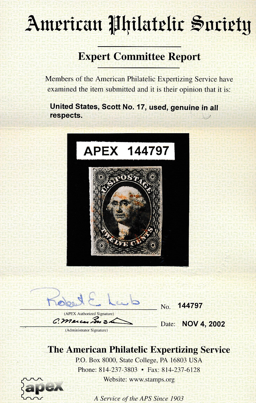 17 U.S. 12c WASH. USED VF APS CERT.