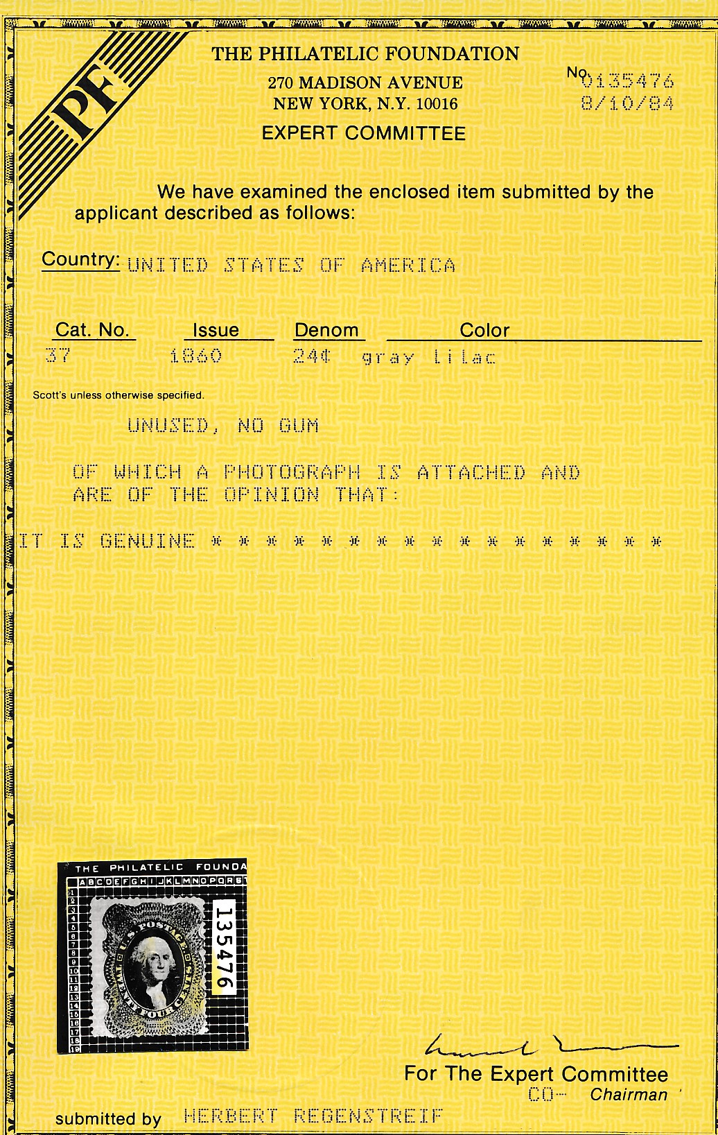 37 U.S. 24c WASH.UNUSED NO GUM ,CERT.