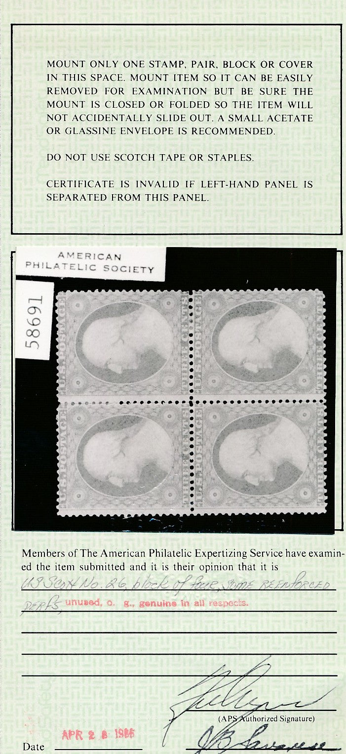 26 U.S. 3c WASH.UNUSED , F-VF BLK 4 HINGED CERT.