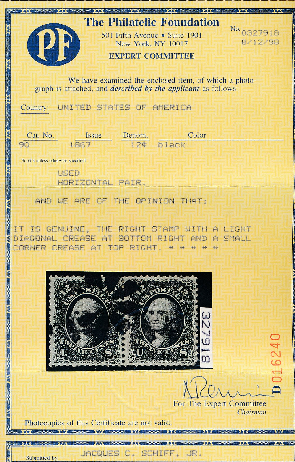 90 U.S. 12c WASH.,USED PAIR F-VF PAIR CERT.