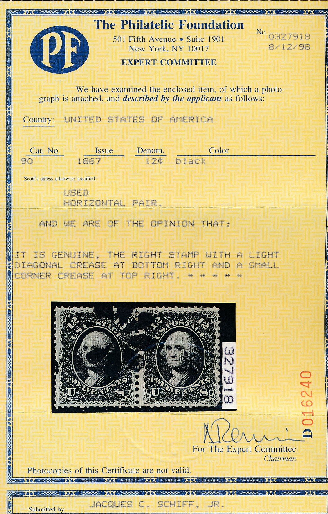 90 U.S. 12c WASH.,USED PAIR F-VF PAIR CERT.