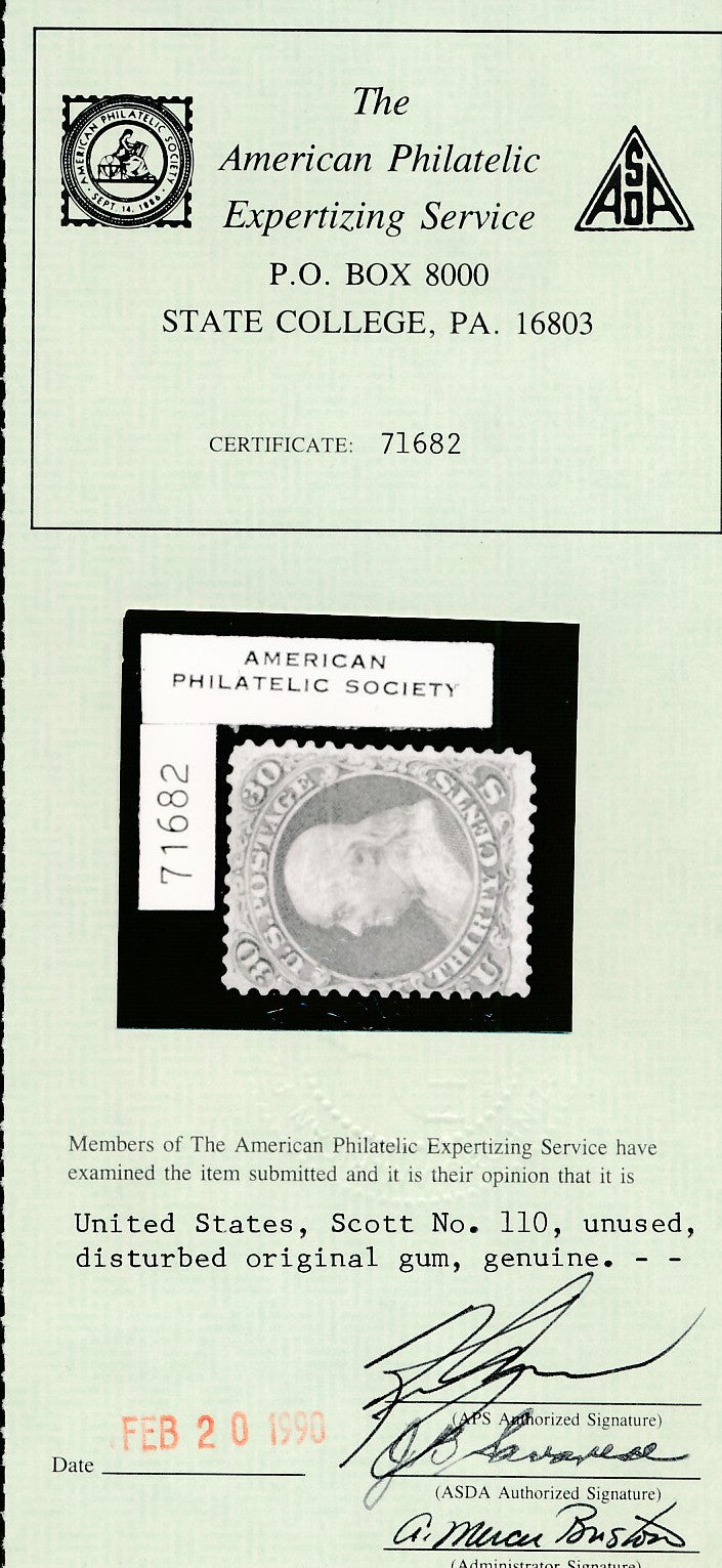 110 U.S. 30c FRANKLIN UNUSED FINE CERT.