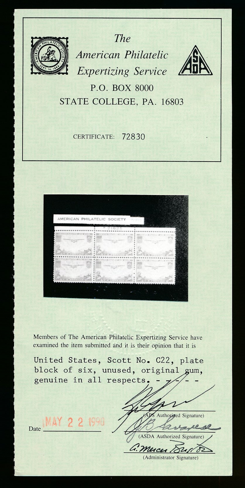 C22 U.S. F-VF NH P.B.CLIPPER APEX CERT.